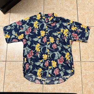 Tommy Hilfiger Floral Camp Shirt Short Sleeve Button Down Navy‎ Yellow Red